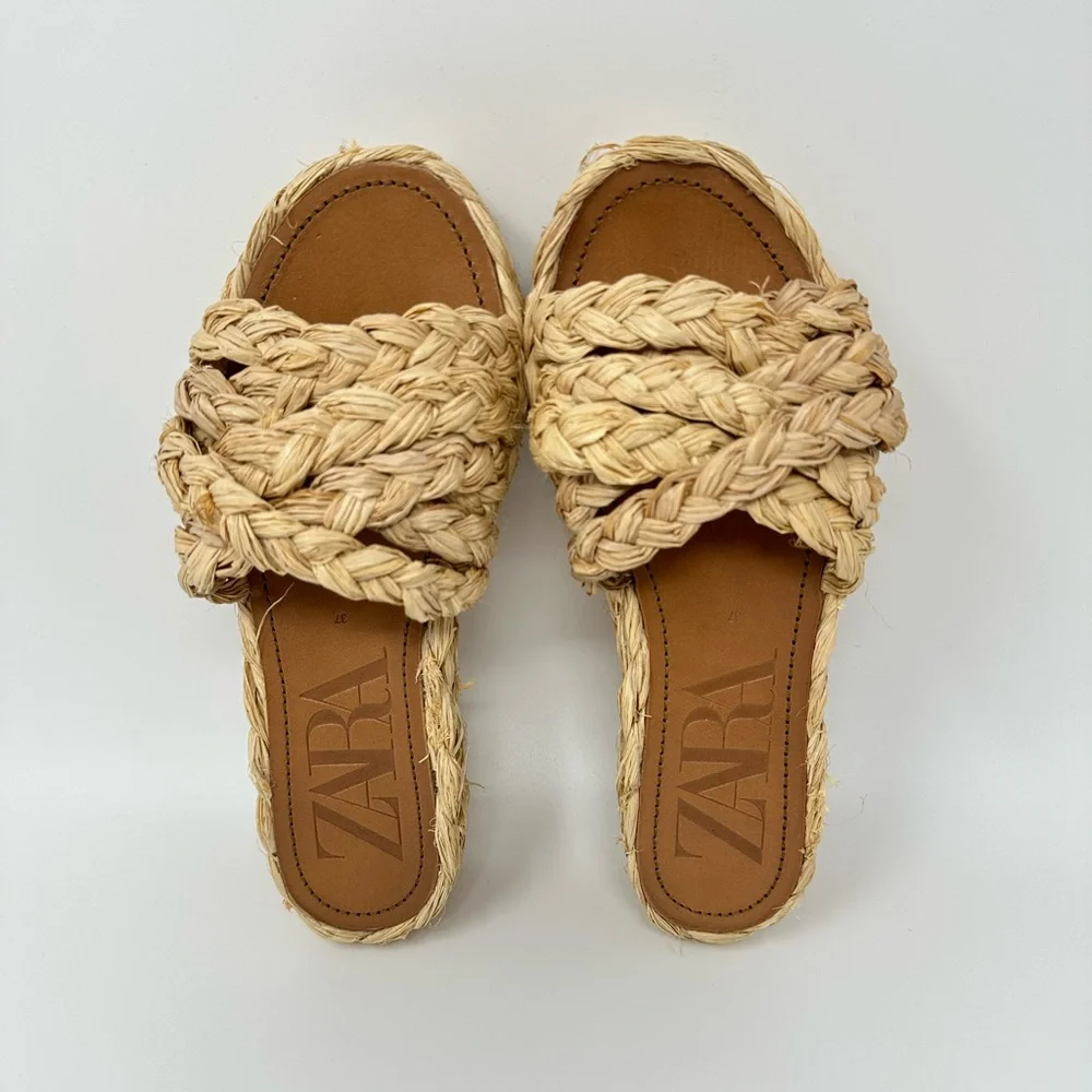 Zara Natural Raffia Platform Wedge Sandals Women's 37 - Picture 2 of 14